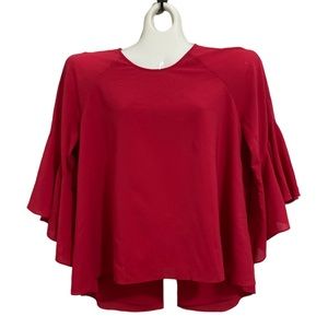 Badgley Mischka Belle hi-low sheer blouse with bell sleeves
